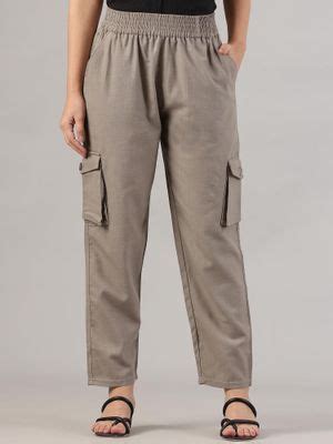 Buy FITHUB Women Cotton Solid Beige High Waist Cargo Trouser (30) Online