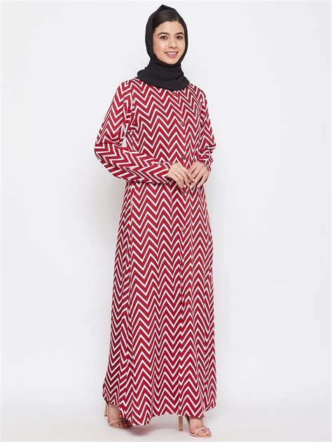 Nabia Women Red & White Printed Front Open Abaya Dress with Georgette