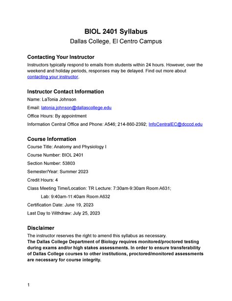 BIOL 2401 SU2023 - BIOL 2401 Syllabus Dallas College, El Centro Campus ...