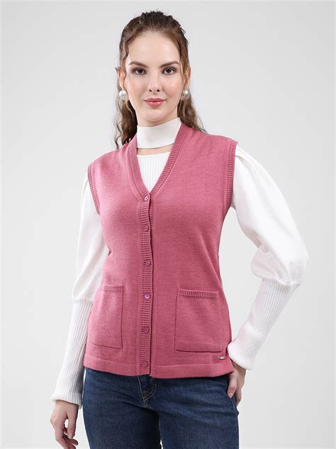 Buy Women Pink Solid V Neck Sleeveless Cardigan Online in India - Monte ...