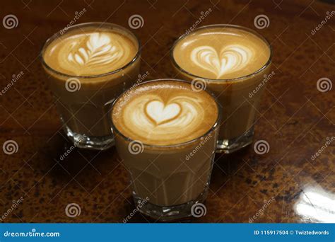 Latte Art Coffee Rosetta, Heart, and Tulip Stock Photo - Image of ...