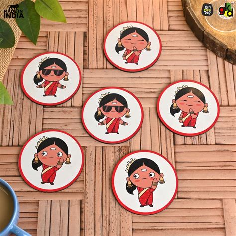 South India Themed Wooden Coaster Set | Tamil Culture Design | 6 Pcs ...
