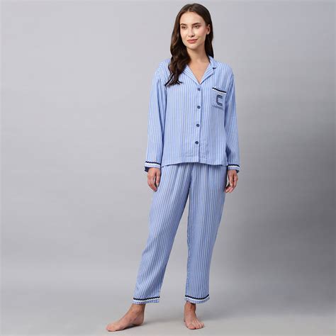 Buy Chemistry Viscose Linen Striped Nightsuit W/ Ric Rac Detailing Blue ...