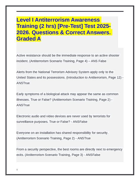 Level I Antiterrorism Awareness Training (2 hrs) [Pre-Test] Test 2025 ...