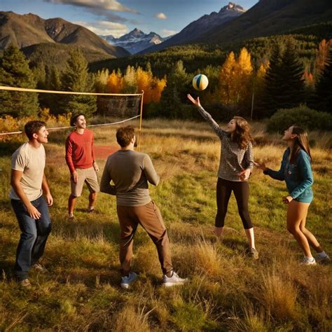 A group of people playing volleyball in a field with a mountain in the ...