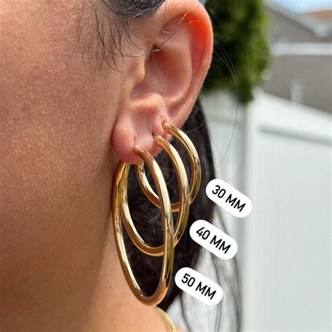 14K Solid Gold Hoop Earrings, Sizes 15mm 20mm 25mm 30mm 40mm 45mm 50mm ...