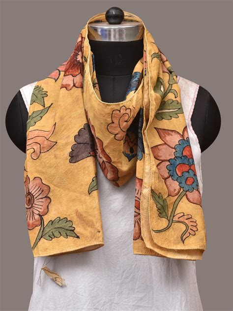 Yellow Kalamkari Hand Painted Sico Stole with Floral Design ds3438 – Uppada