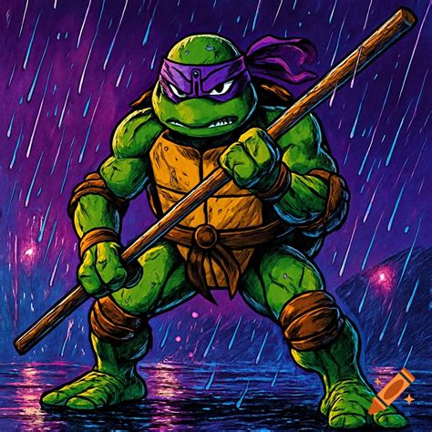Ninja turtle character holding two swords in a dynamic pose in a dark ...