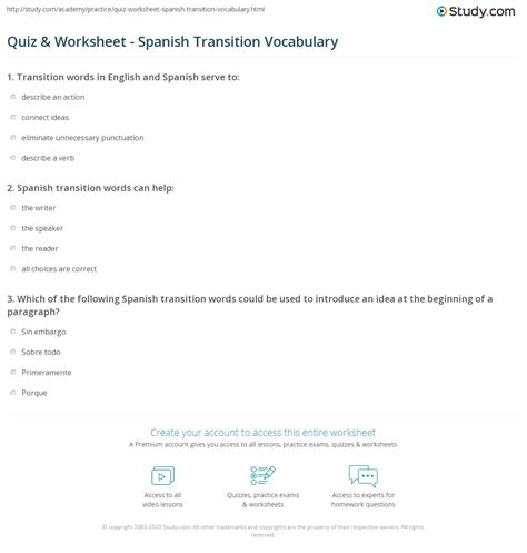 Quiz & Worksheet - Spanish Transition Vocabulary | Study.com