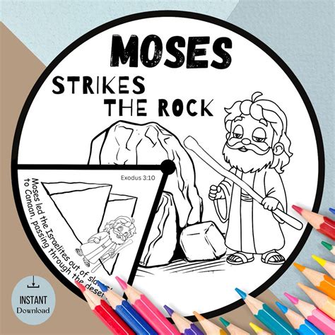 Printable Moses Strikes the Rock Coloring Spinner Wheel | Sunday School ...