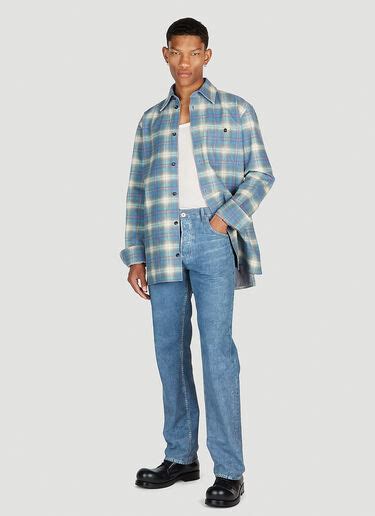 Bottega Veneta Men's' Flannel Print Leather Shirt in Light Blue | LN-CC®