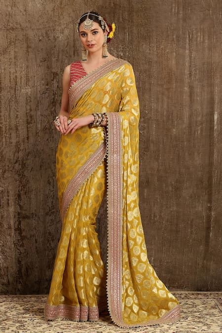 Buy Yellow Georgette Butta And Silk Chanderi Lining Paisley Motifs ...