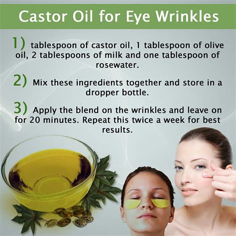 Castor Oil for Eye Wrinkles. Reapply the castor oil to your under-eye area at night, after ...