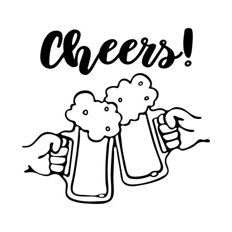 Two hands toasting beer mugs. Cheers text. Clinking glass tankards full of beer with foam. Black ...