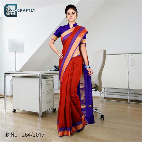 Blue Red With Golden Border Uniform Saree– Uniform Sarees