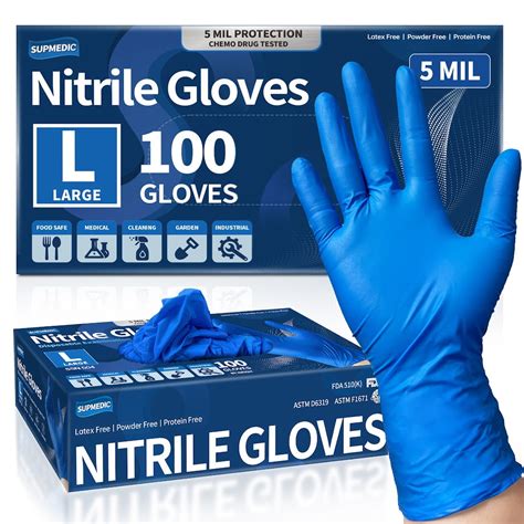 Supmedic Blue Nitrile Exam Gloves, 5 mil Powder-Free Latex-Free Food ...