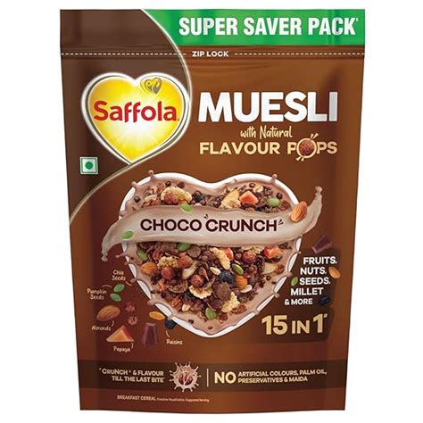 Saffola Muesli Choco Crunch with Flavour Pops, 700 gm | 15 in 1 Fruit ...