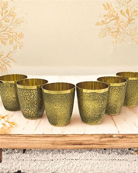 Buy Ruhani Brass Glass Set of 6 Antique Finish Drinkware – ADAAK