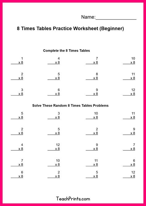 Free Eight Times Tables Worksheets (8 Versions) - Teach Prints