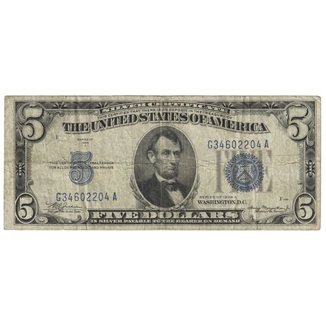 USA 1934A $5 Note, FR #1651, Julian-Morgenthau, Silver Certificate, F ...