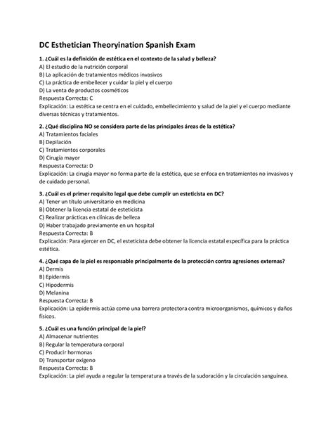 DC Esthetician Theoryination Spanish Exam | Exams Technology | Docsity