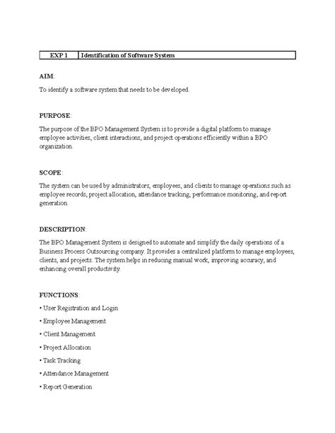 EXP 1 & 3: BPO Management System Use Case Model & SRS Documentation ...