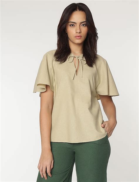 Buy Linen Rich Flutter Sleeves Blouse at Marks & Spencer