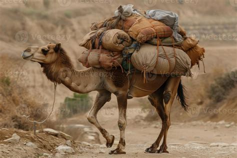 Dromedary camel carrying heavy load in the desert 47906464 Stock Photo ...