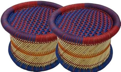 Handmakers ! Bamboo (SARKANDA) Mudda Stool Wtih Blue & Red Combo (13 X ...