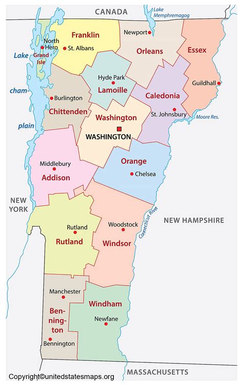 Labeled Vermont Map With Capital And Cities in Pdf