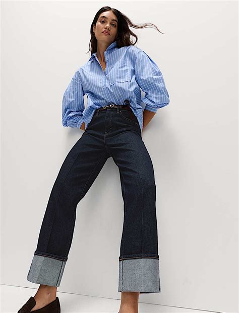 Buy Premium Wide Leg Turn Up Jeans at Marks & Spencer
