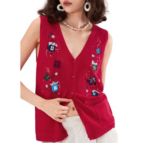 Women Christmas Sweater Vest Santa Snowman Embroidery Sleeveless Open ...