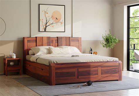 Buy Norik Wooden Drawer Storage Bed (Queen Size, Teak Finish) Online in ...