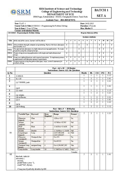 21CSS101J Midterm Exam: Programming for Problem Solving Answer Key ...