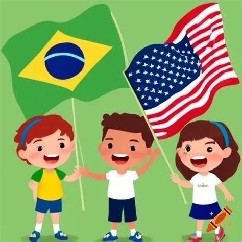 Children holding Brazil and USA flags on Craiyon