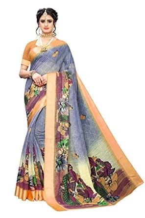 Buy GoSriKi Women's Mustrad Color Printed Cotton Saree With Blouse ...