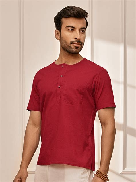 Vastramay Men Red Cambric Cotton Yoga Kurta with OM Embroidery – vastramay
