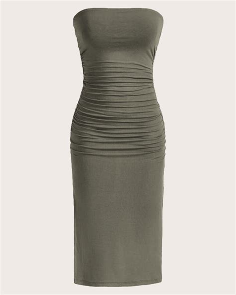 Ruched Strapless Bodycon Tube Dress In Green - Littlebox India