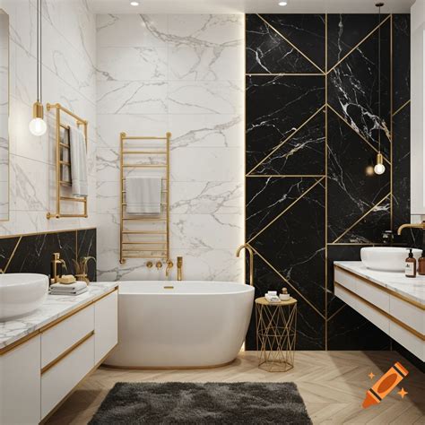 A modern luxury bathroom featuring white and black marble walls, gold ...