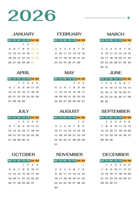 moderno Inglés 2026 calendario anual soltero vertical página modelo con ...