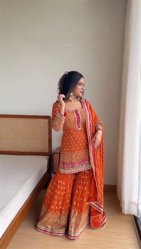 Ravishing Thread With Sequence Work Orange Color Sharara Suit – vastracloth