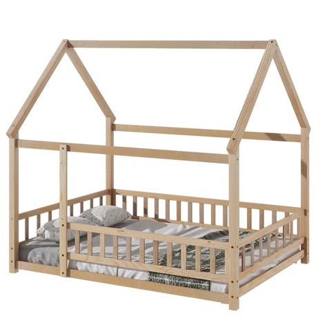 Full Size Floor Wooden Bed with House Roof Frame, Montessori Bed Frame ...