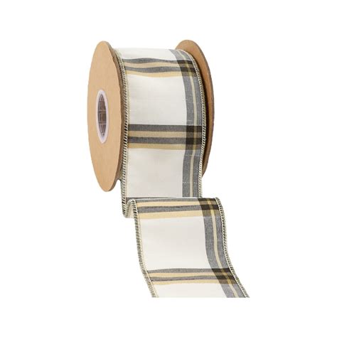 LaRibbons 4" - 2 1/2" Wired Ribbon | Ivory/Black/Gold Plaid | 10 Yard ...