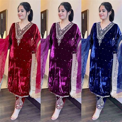 Premium Velvet Embroidered Kurta Pant Set with Dupatta | 3 Color Optio ...