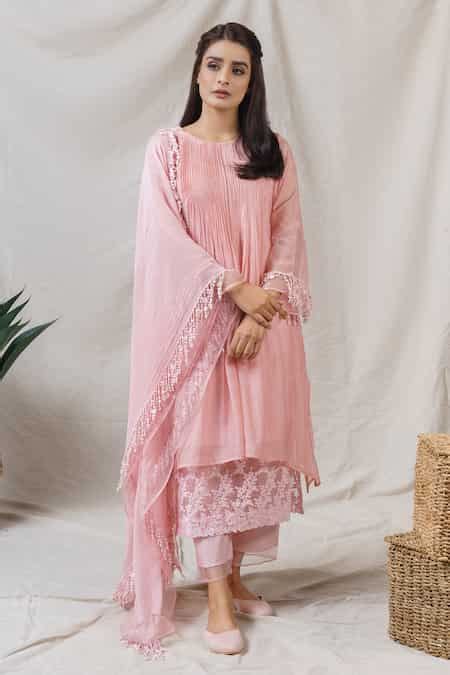 Buy Pink Cotton, Organza, Silk Chanderi Embroidered Kurta Set For Women ...