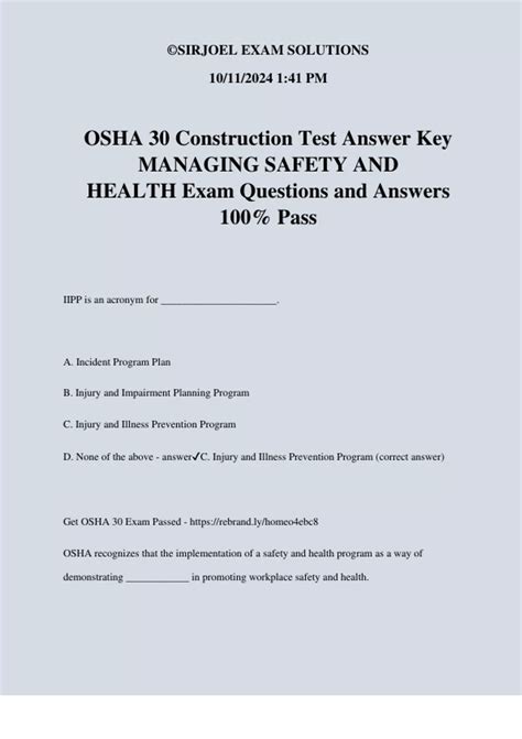 OSHA 30 Construction Test Answer Key MANAGING SAFETY AND HEALTH Exam ...
