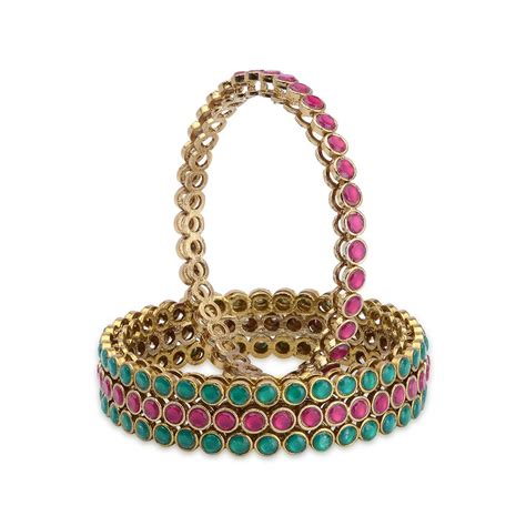 Laida Set Of 4 Gold-Plated Red & Green Stone-Studded Bangles
