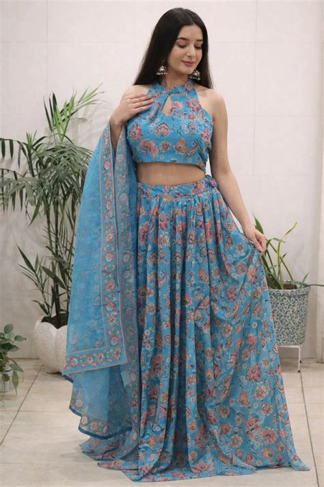 Sky Blue Printed Organza Silk Lehenga – Kalyanja