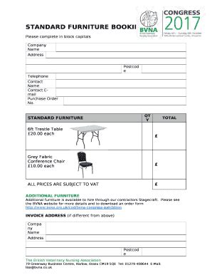 2017 UK BVNA Standard Furniture Booking Form - Blank Fillable Template ...