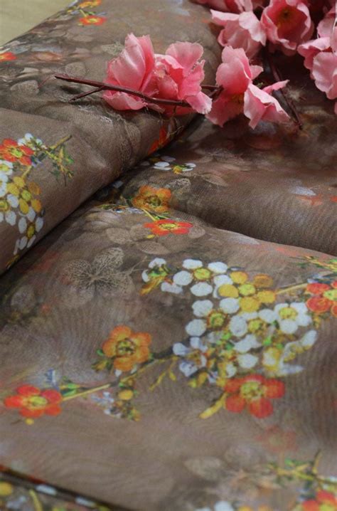 Shop Stunning Brown Digital Printed Organza Silk Floral Fabric (1 Mtr)